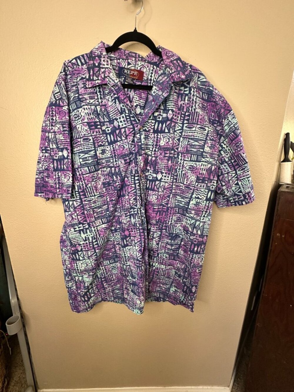 Repp Classic Mens 2XLT Cotton Button-Up Collared Shirt Purple & Blue Print